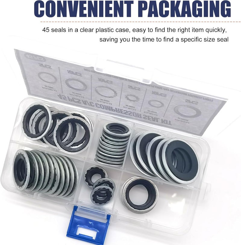 DYEKNEE 45 PCS Air Conditioner Compressor Port Seal Gasket Kit, Gasket Bonded Seal Assortment, Cooling Pump Sealing Gasket, Universal Automotive Self-Centered Washers (Black) - Image 4
